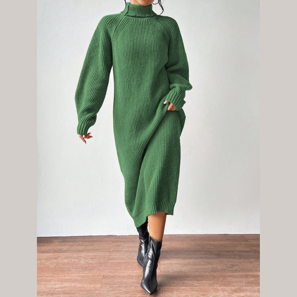 Green Ribbed Knit High Neck Balloon Sleeve Long Sweater Dress
